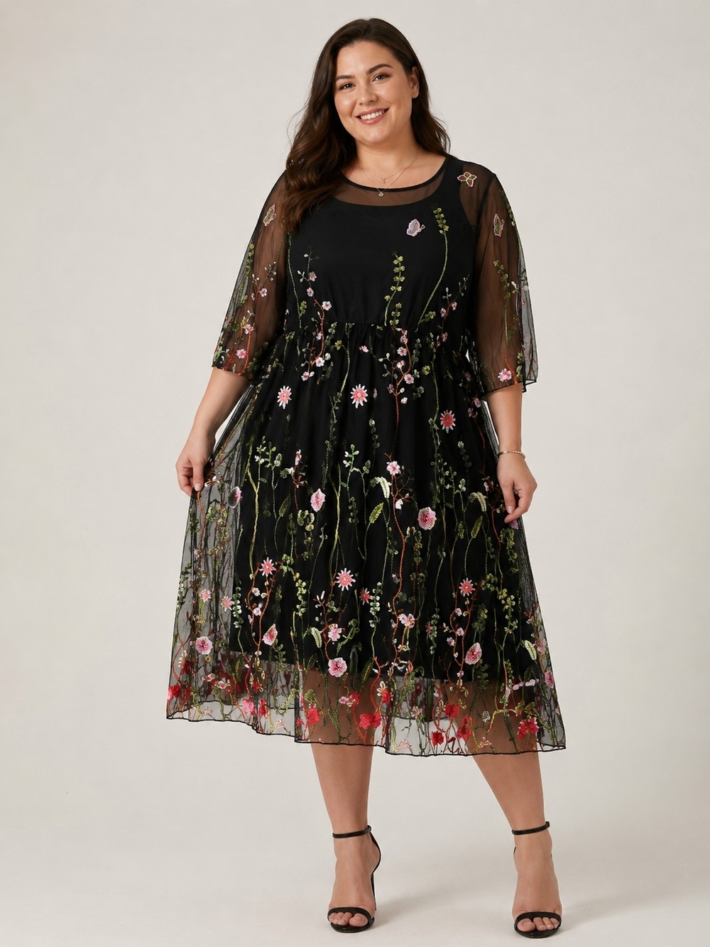 BloomChic Black Embroidered Mesh Midi Dress Floral Butterfly Sheer Sleeve Fairy
